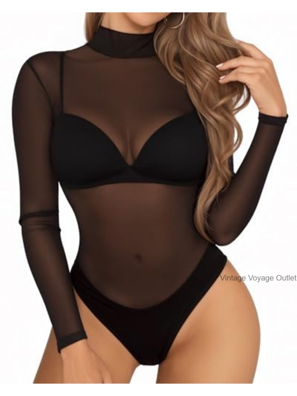 Mesh Bodysuit Sheer Geo Print Long Sleeve High Neck Snap Closure